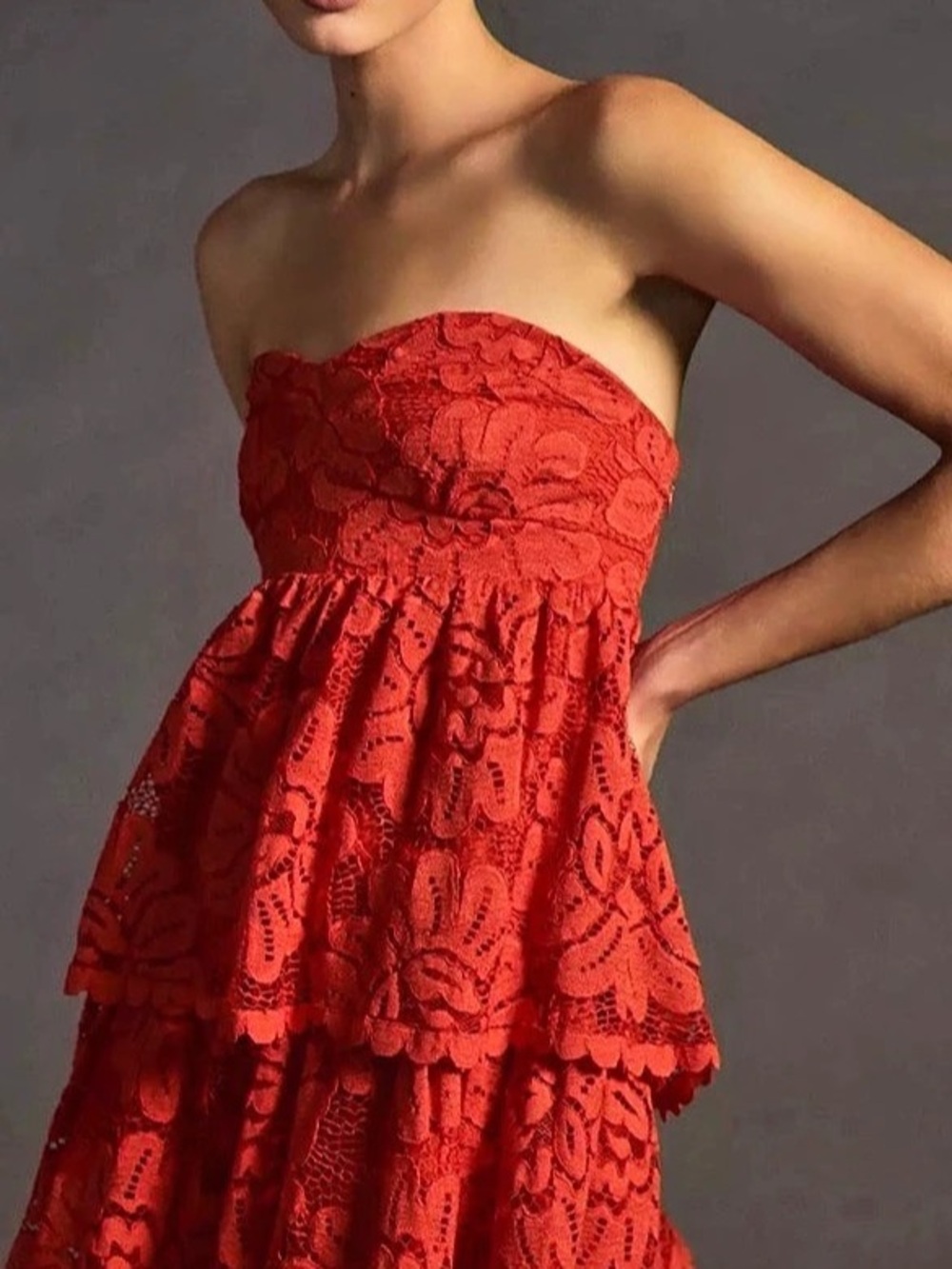 NWT Maeve Anthropologie Red Lace Strapless Tiered Mini Dress XS coquette gameday
